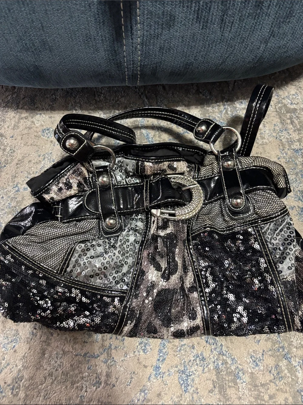 Black Sequin and Metallic Accent Satchel